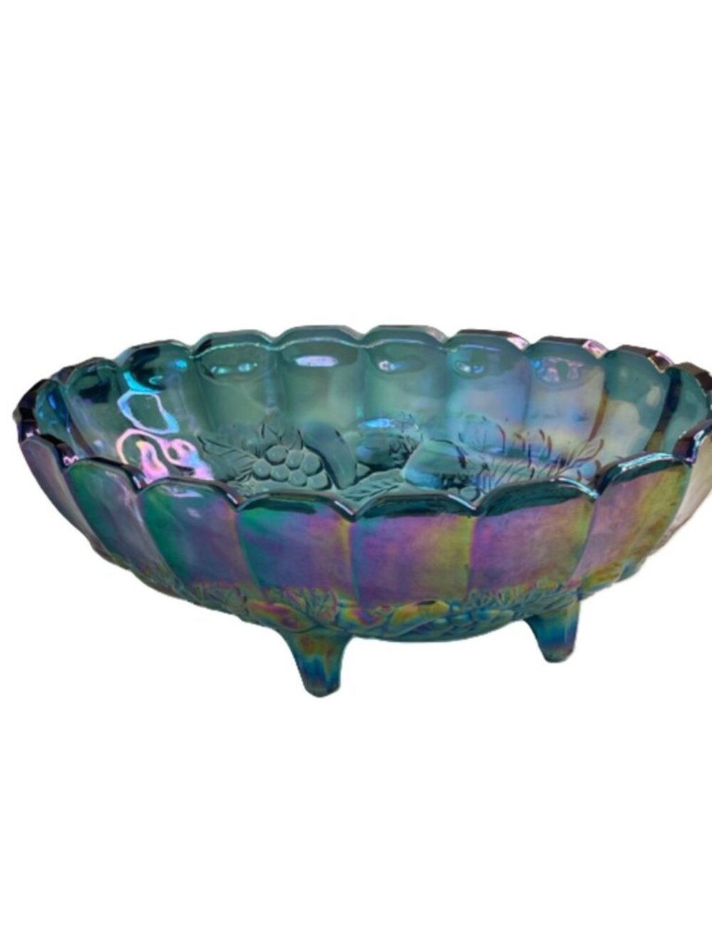 Vintage Indiana Glass Blue Carnival Glass Fruit Bowl Harvest Grape Footed 12"